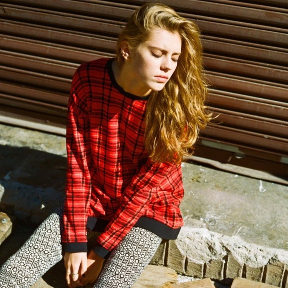 plaid crew neck sweatshirt